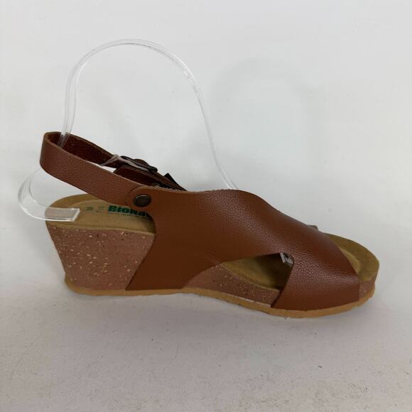Bionatura Tessa Sandals Women 7.5 Brown Genuine Leather Buckle Peep Toe Wedge - Picture 3 of 9